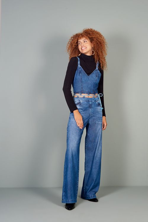 Macacão Patogê feminino jeans wide leg cintura alta (G4)