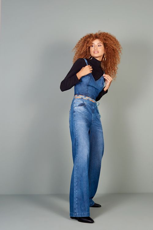 Macacão Patogê feminino jeans wide leg cintura alta (G4)
