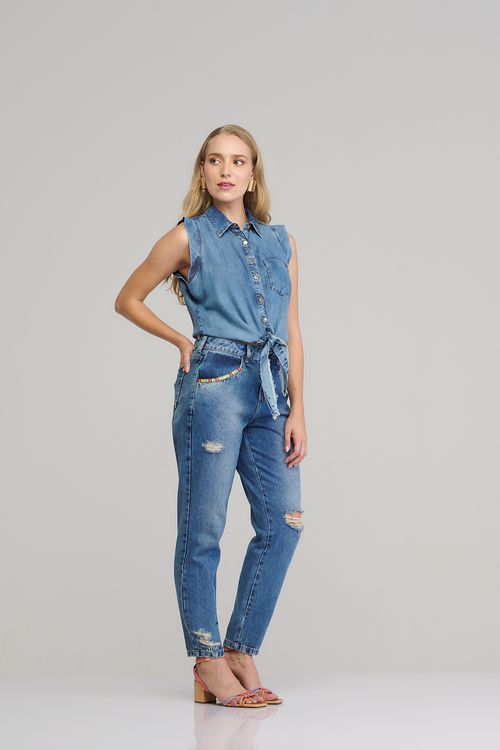Calça Patogê feminina baggy jeans cintura alta (G4) CL37281