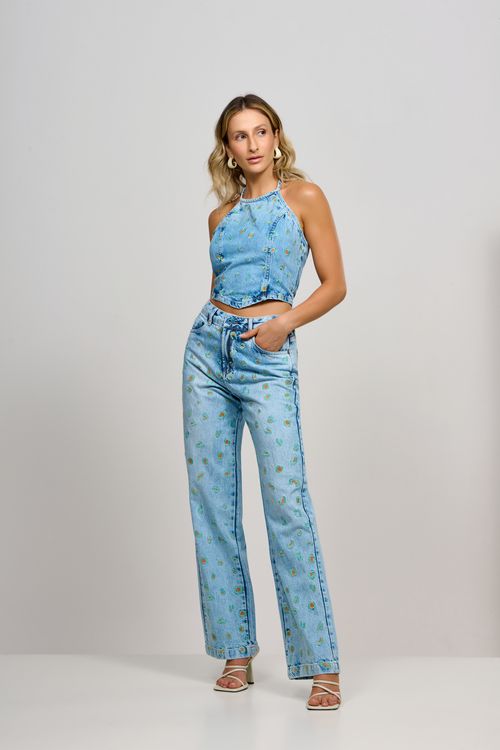Calça Patogê feminina wide leg light jeans cintura média (G3) CL36995