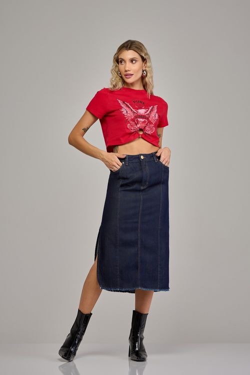 Saia midi jeans feminina Patogê cintura média (G3) SA37405