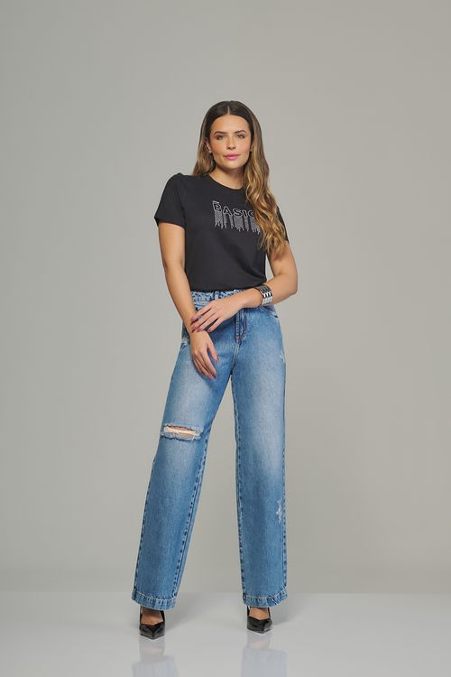 Calça wide leg jeans feminina Patogê cintura alta (G4) CL37955