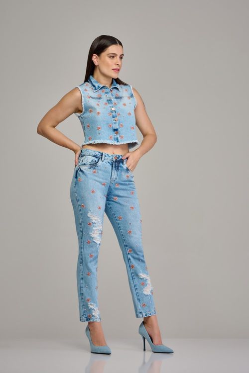 Calça reta jeans feminina Patogê cintura média (G3) CL37394