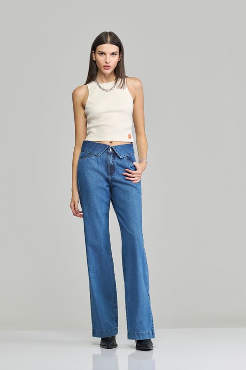 Calça Wide leg jeans feminina Patogê cintura alta (G4) CL37866
