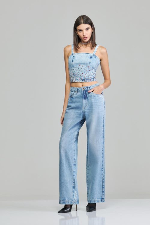 Calça reta jeans feminina cintura alta (G4) CL38435