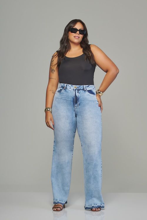 Calça wide leg curvy jeans feminina Patogê cintura média (G3) CL38215