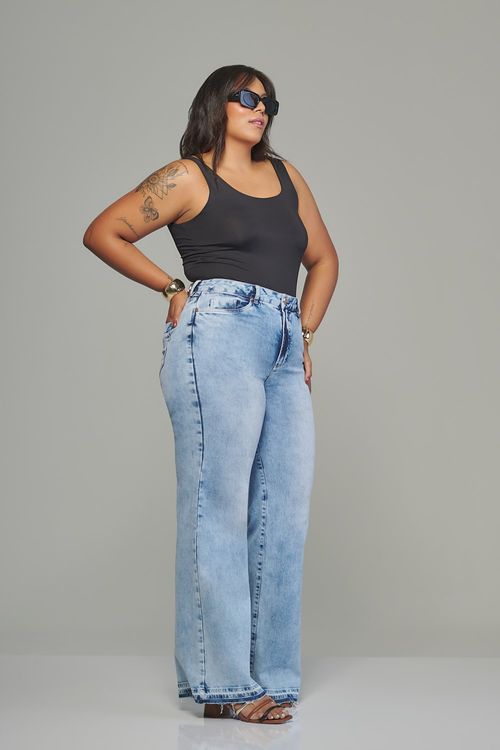 Calça wide leg curvy jeans feminina Patogê cintura média (G3) CL38215