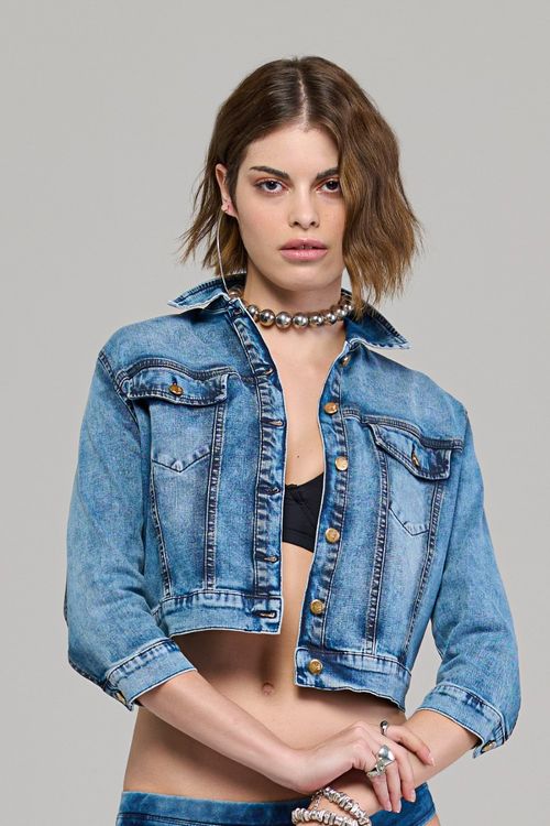 Jaqueta Cropped Manga 3/4 Jeans Feminina Patogê JQ37915