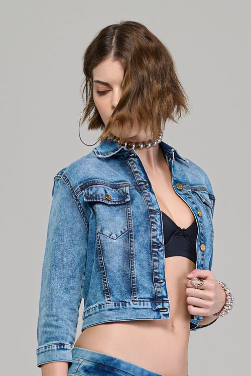 Jaqueta Cropped Manga 3/4 Jeans Feminina Patogê JQ37915