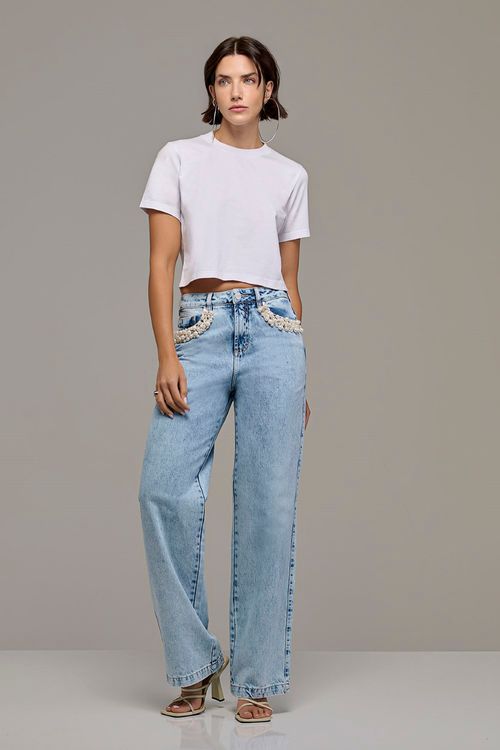 Calça Wide Leg Jeans Feminina Patogê Cintura Média (G3) CL38461