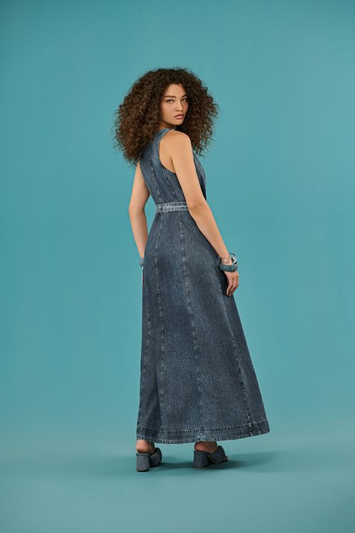 Vestido Midi Jeans Feminino Com Cinto Patogê VE39329